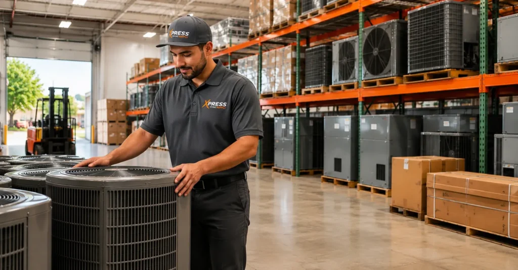 Xpress Supply warehouse employee inspecting HVAC condensers Texas