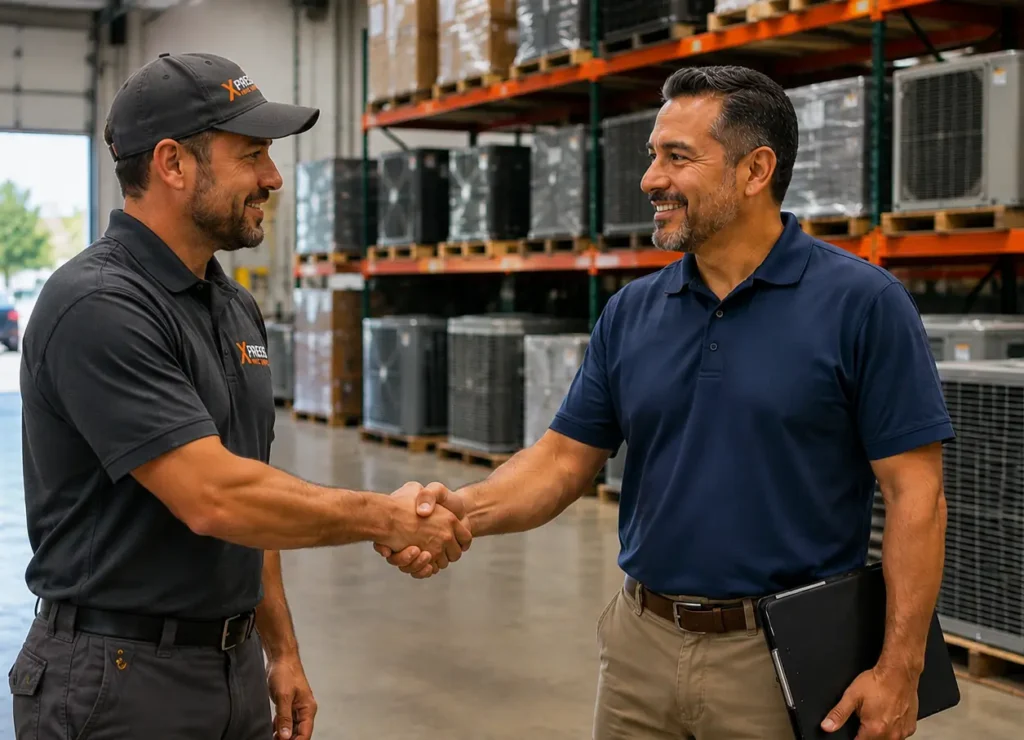 HVAC contractor handshake Xpress Supply warehouse