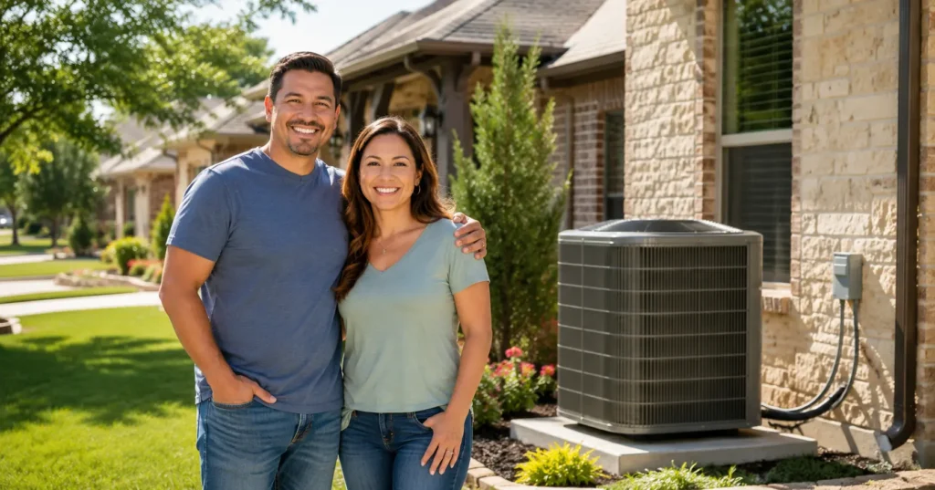 Homeowners next to new HVAC unit Texas