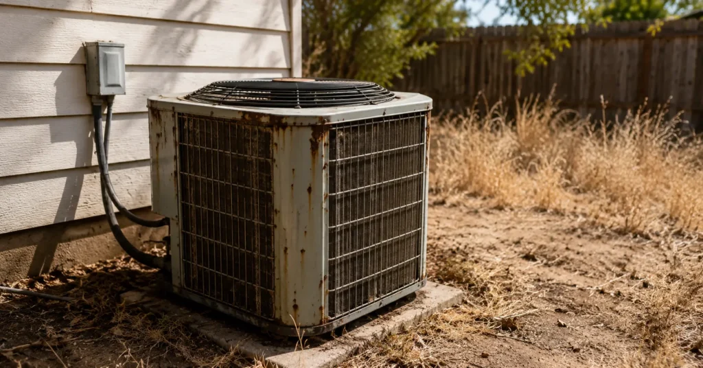Old rusted AC condenser unit Texas backyard