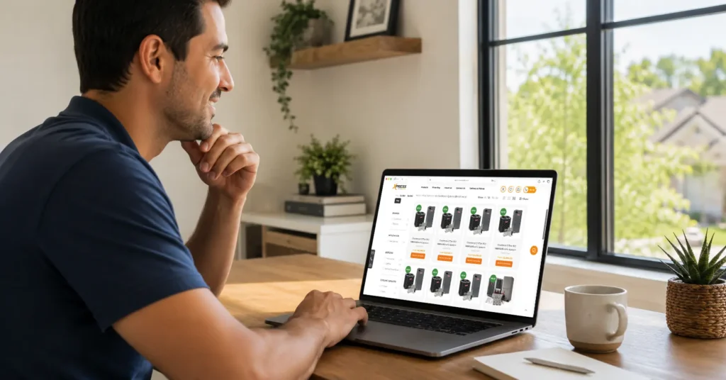 Man ordering HVAC equipment online laptop